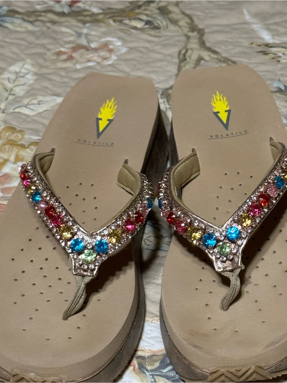 Volatile Tan Wedge Sandals with Multicolor Jeweled Straps